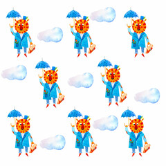 seamless pattern with hand drawn cute tiger with umbrella and clouds on a white background. Cartoon style. Color image. For printing, t-shirts, design, nursery decoration and more.