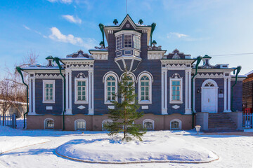 House-Museum of the Trubetskoys - a branch of the Irkutsk Museum of the Decembrists on a sunny winter day. Irkutsk, Dzerzhinsky street, 64. Irkutsk, Russia. - 452200668
