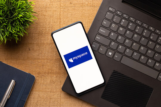 Assam, india - April 10, 2021 : Myspace logo on phone screen stock image.