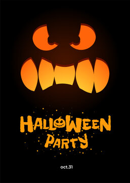 Happy Halloween party poster design template. Jack O Lantern pumpkin on black background and hand drawn inscription. Traditional October 31 holiday greeting card. Vector eps banner