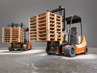 Two forklift truck with piles of pallets