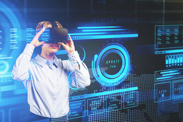 Businesswoman in white shirt is wearing virtual reality helmet
