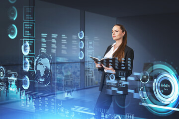 Businesswoman wearing formal suit is standing and holding a notebook