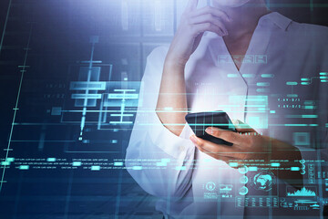 Businesswoman in white shirt is typing on smartphone with hologr