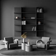 Fototapeta na wymiar Dark living room interior with two armchairs, coffee table