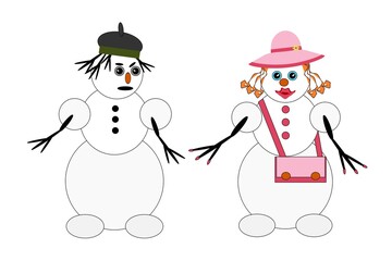 Snowman and snow woman, color illustration of characters in hats, with a handbag on a white background for the design of a postcard, a poster, for printing on paper and fabric