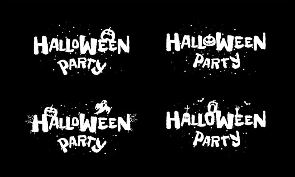 Happy Halloween party holiday hand drawn lettering design set on black background. Traditional festival inscription with spooky Jack O Lantern pumpkin. Greeting card or invitation text title template