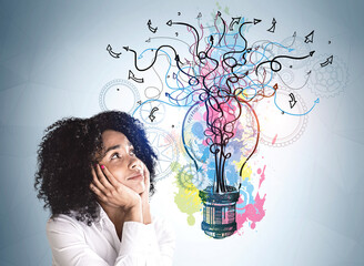 Pink, blue and yellow sketch with light bulb and woman