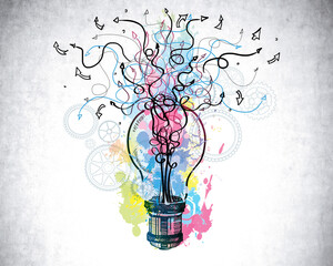 Colourful pink, blue and yellow sketch with large light bulb