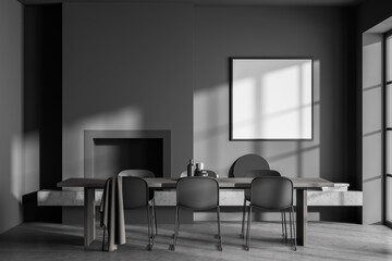 Dark living room interior with white empty poster, six chairs