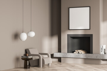 Living room interior with white empty poster, comfortable armchair