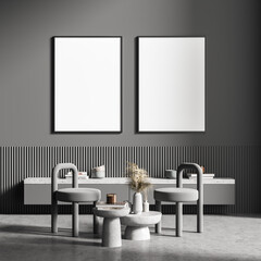 Poster with coffee tables and stools in a grey living room