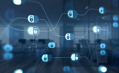 Padlock icons in a holographic digital blue cyberspace