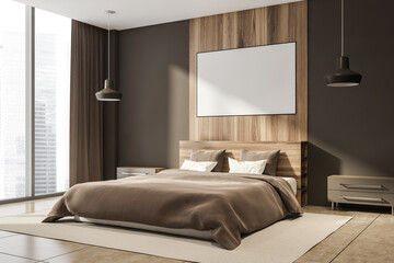 Bedroom interior with large bed, empty poster, panoramic window, bedsides
