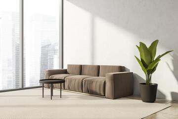 Living room interior with empty white wall and panoramic window