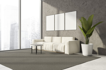 Gallery room interior with empty three empty white posters