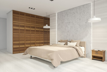 Light wood bedroom with bright wooden details. Corner view.