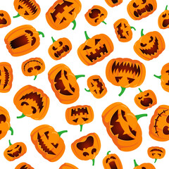 Seamless Halloween pattern with happy jack lantern orange carved glowing scary pumpkins on white background. Holiday vector eps celebration design illustration