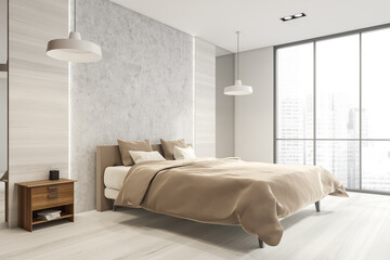 White wood bedroom with two pendants. Corner view.