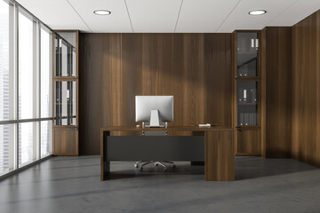Dark office room interior with panoramic window with city skyscraper