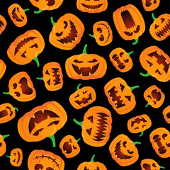Seamless Halloween pattern with happy jack lantern orange carved glowing scary pumpkins on black background. Holiday vector eps celebration design illustration