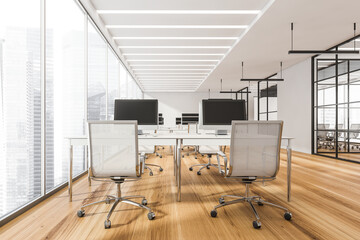 Open space office interior with combination office desks, white