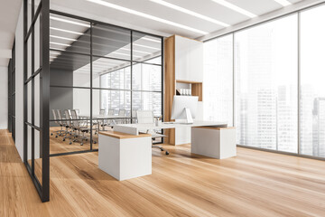 White furniture in the panoramic CEO office with conference room background