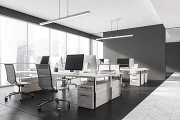 Dark office room interior with panoramic window with Singapore city