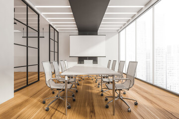 Black and white panoramic meeting room with white board
