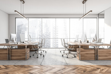 Office room interior with panoramic window with Singapore city skyscraper