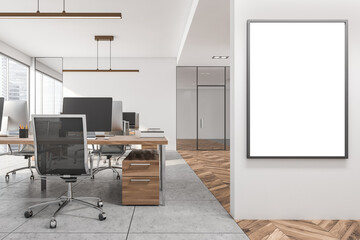 Office room interior with white empty poster, panoramic window