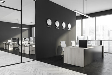 Dark office interior with reception, panoramic window with Singapore view
