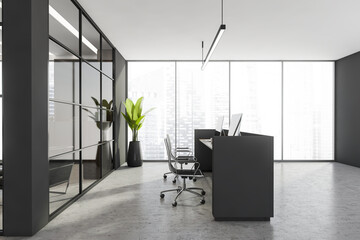 Grey office reception area with panoramic background. Side view.