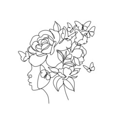 Abstract face with butterfly by one line drawing. Portrait minimalistic style.  Botanical print. Nature symbol of cosmetics. Modern continuous line art.  Fashion print. Beaty salon art