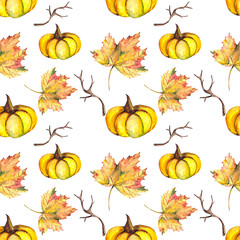 Naklejka na ściany i meble Seamless pattern with yellow pumpkins, autumn leaves and dry branches. Watercolor background for textiles, wallpaper and packaging.