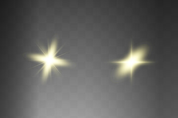 Yellow glowing light explodes on a transparent background. Sparkling magical dust particles. Bright Star. Transparent shining sun, bright flash. Vector sparkles. To center a bright flash