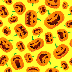 Seamless Halloween pattern with happy jack lantern orange carved glowing scary pumpkins on yellow background. Holiday vector eps celebration design illustration