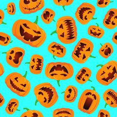 Seamless Halloween pattern with happy jack lantern orange carved glowing scary pumpkins on blue background. Holiday vector eps celebration design illustration