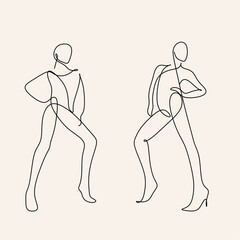 One Line Art Woman in dress Drawing.  Woman in hat Vector. Female Logo. Contouring Line. Minimalist Hat. Wedding salon