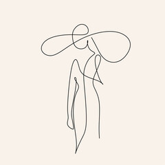 One Line Art Woman in dress Drawing.  Woman in hat Vector. Female Logo. Contouring Line. Minimalist Hat. Wedding salon