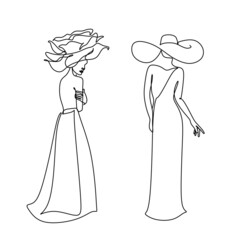 One Line Art Woman in dress Drawing.  Woman in hat Vector. Female Logo. Contouring Line. Minimalist Hat. Wedding salon