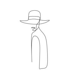 One Line Art Woman in dress Drawing.  Woman in hat Vector. Female Logo. Contouring Line. Minimalist Hat. Wedding salon