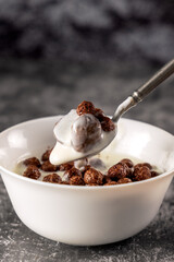 
chocolate cereal with kumis on a white plate