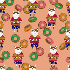 ブルドッグとドーナツのシームレスなパターン。テキスタイル、壁紙、包装紙のデザイン。
