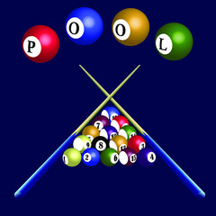 vector illustration depicting billiard cues and balls in a pyramid for prints on banners, postcards, advertising posters and for interior decoration of billiard clubs, bars and pubs