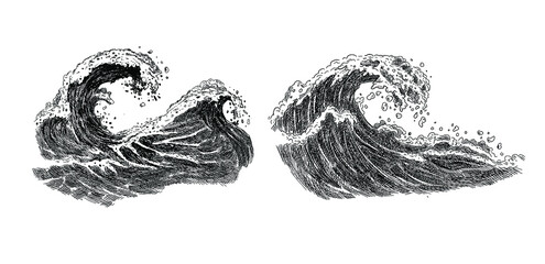 Sea wave sketch. Hand drawn ocean tidal storm waves isolated on white background for surfing and seascape. Close up of sea tide. Travel and vacations concept. Vector illustration in sketch style.