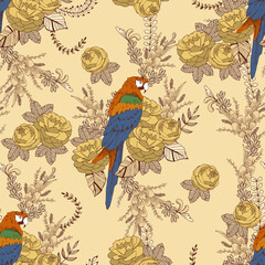 コンゴウインコとバラのシームレスなパターン。テキスタイル、壁紙、包装紙のデザイン。