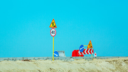 Traffic sign: 40 km / h speed limit combined with upcoming road works and a detour. Road sign...
