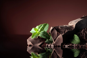Pieces of dark bitter chocolate and chocolate chips with mint on a black reflective background.