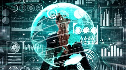 Big Data Technology for Business Finance Analytic conceptual . Modern graphic interface shows massive information of business sale report, profit chart and stock market trends analysis .